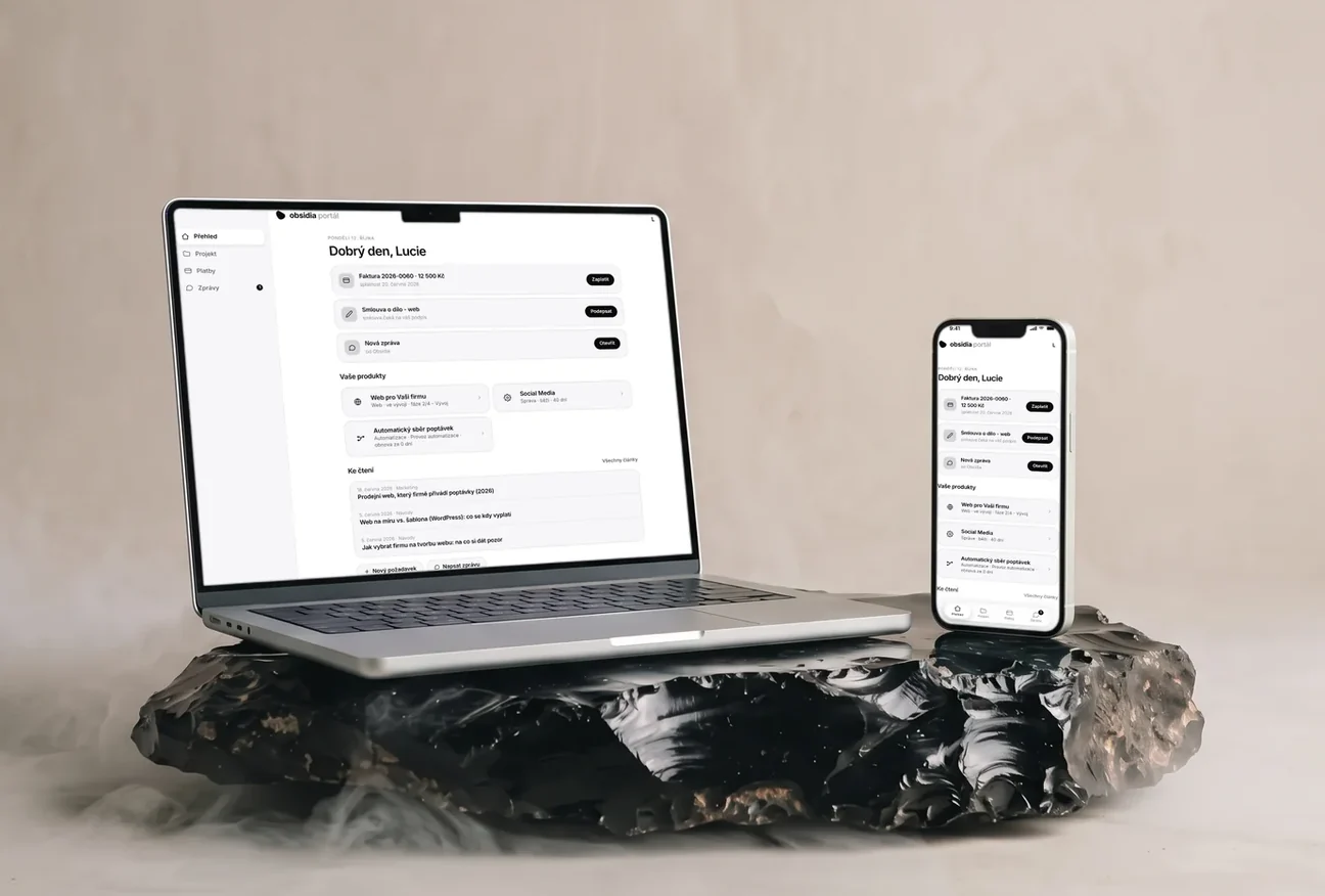 Klientský portál na notebooku a telefonu, ukázková data