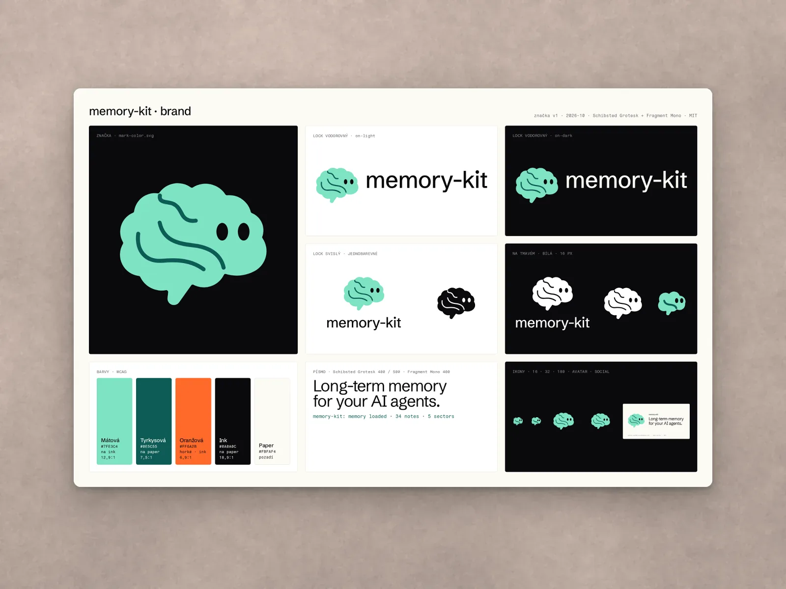 Značka memory-kit: mozek s očima, vodorovné a svislé logo, barvy, písmo a ikony