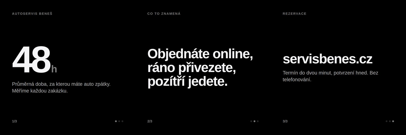 Ukázka stylu Tmavý: černé pozadí, velké číslo, tři karty carouselu